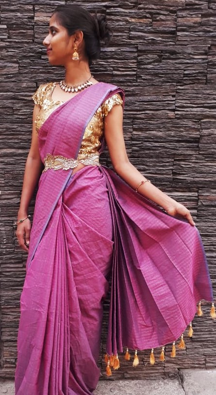 9 yards soft silk saree with gold sequence blouse and waist belt