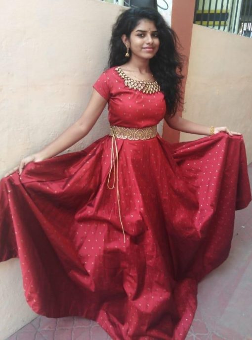 Red soft silk banarasi full flaired long frock