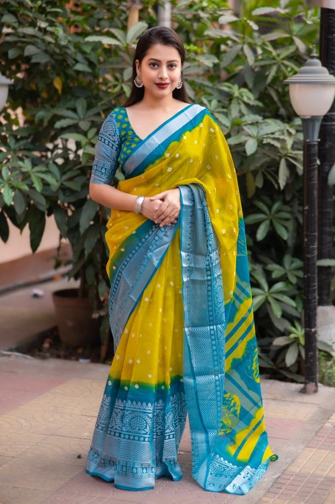 Buy online Soft Jute Silk Saree with Bandhej Print & Brasso border -  Yellow-AF1669